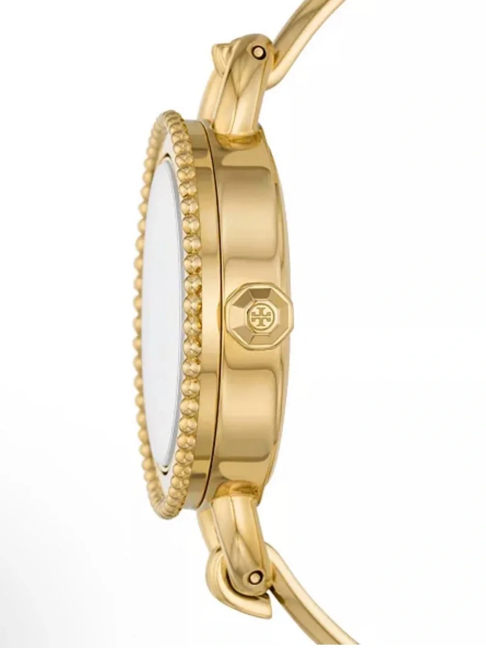 Tory Burch Gold-Tone Logo Dial Bangle Watch with White Face